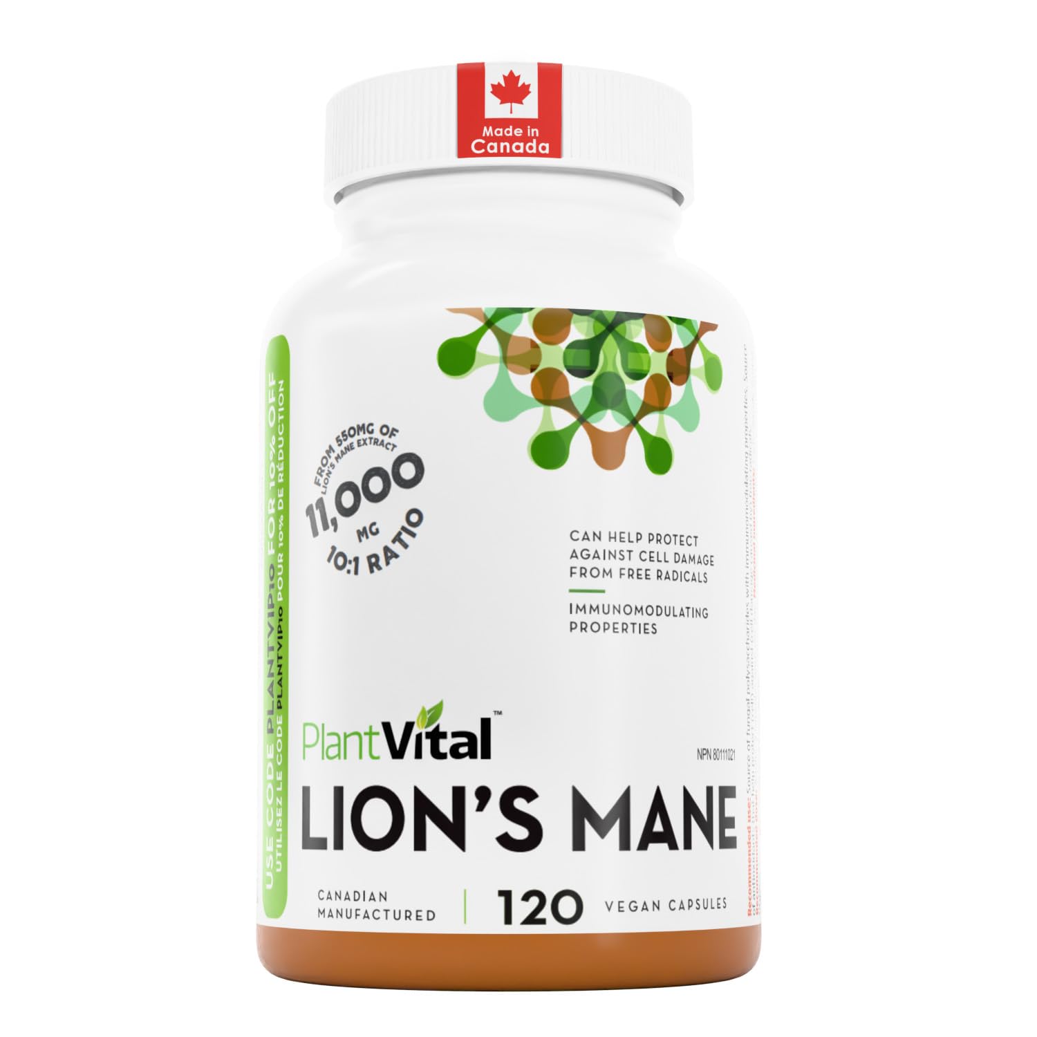 PlantVital Lions Mane - Made in Canada - Max Potency 11,000mg (10:1 Extract) - Organic Lion’s Mane Mushroom Supplements with 40% Polysaccharides - Supports Immune Health and Antioxidants -120 Capsules