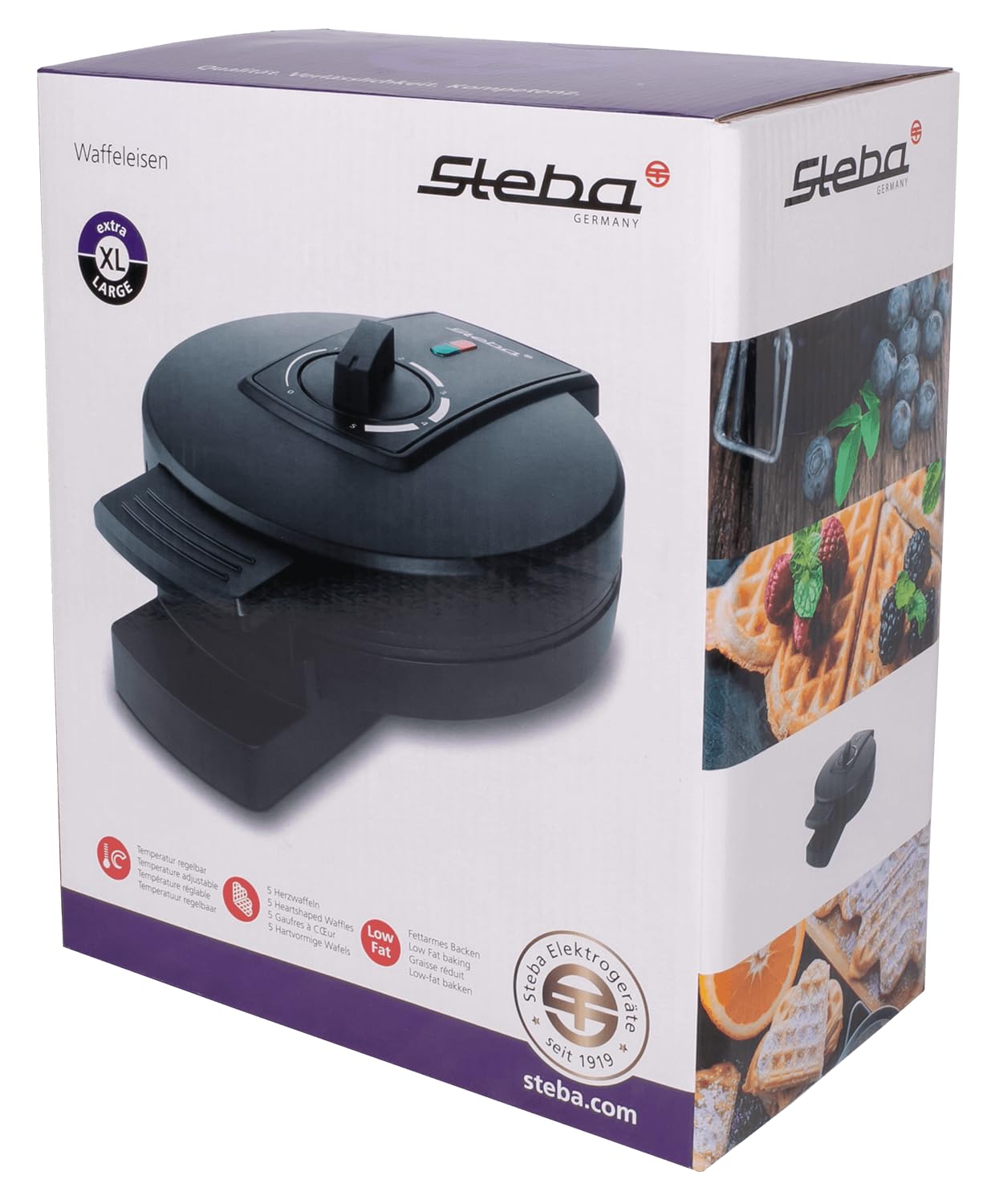 Steba XL gofrera con 18,5 cm de diámetro, gofrera para 5 gofres en forma de corazón, regulación continua de la temperatura, sin PFAS, WE 3