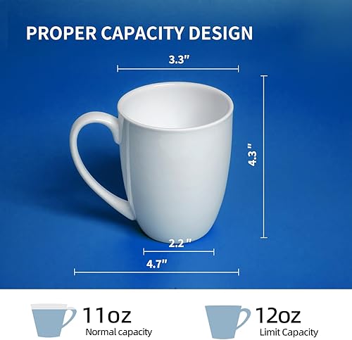 Miniatura 3 de Juego de 4 tazas de café de porcelana fina blanca, tazas de café blancas de 12 onzas, tazas de café elegantes y clásicas, tazas de té de porcelana
