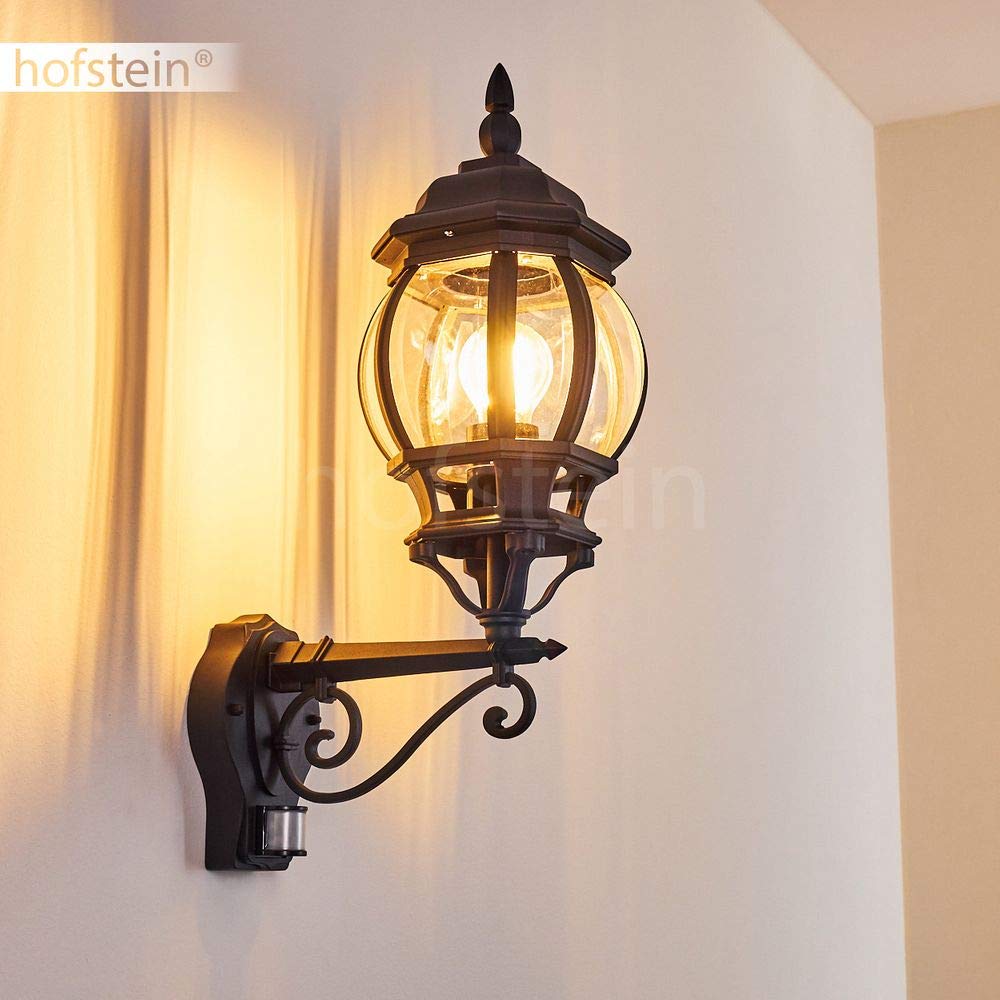 HOFSTEIN Außenwandleuchte Lentua, Außenwandlampe mit Bewegungsmelder aus Metall/Kunststoff in Schwarz/Klar, Wandleuchte Up im Retro/Vintage-Design, E27, IP44, Eingangsbereich, Terrasse, Haustür, Hof