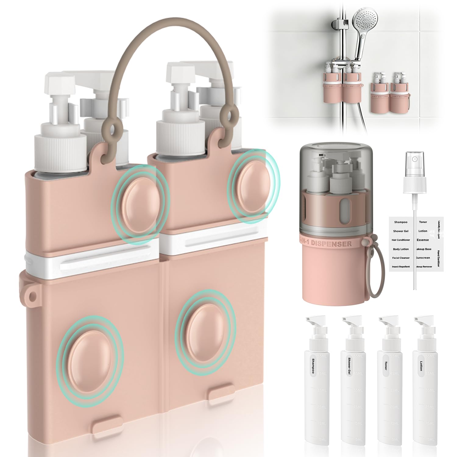 4 in 1 Travel Dispenser Bottle, Travel Toiletry Bottles with Suction Cups
