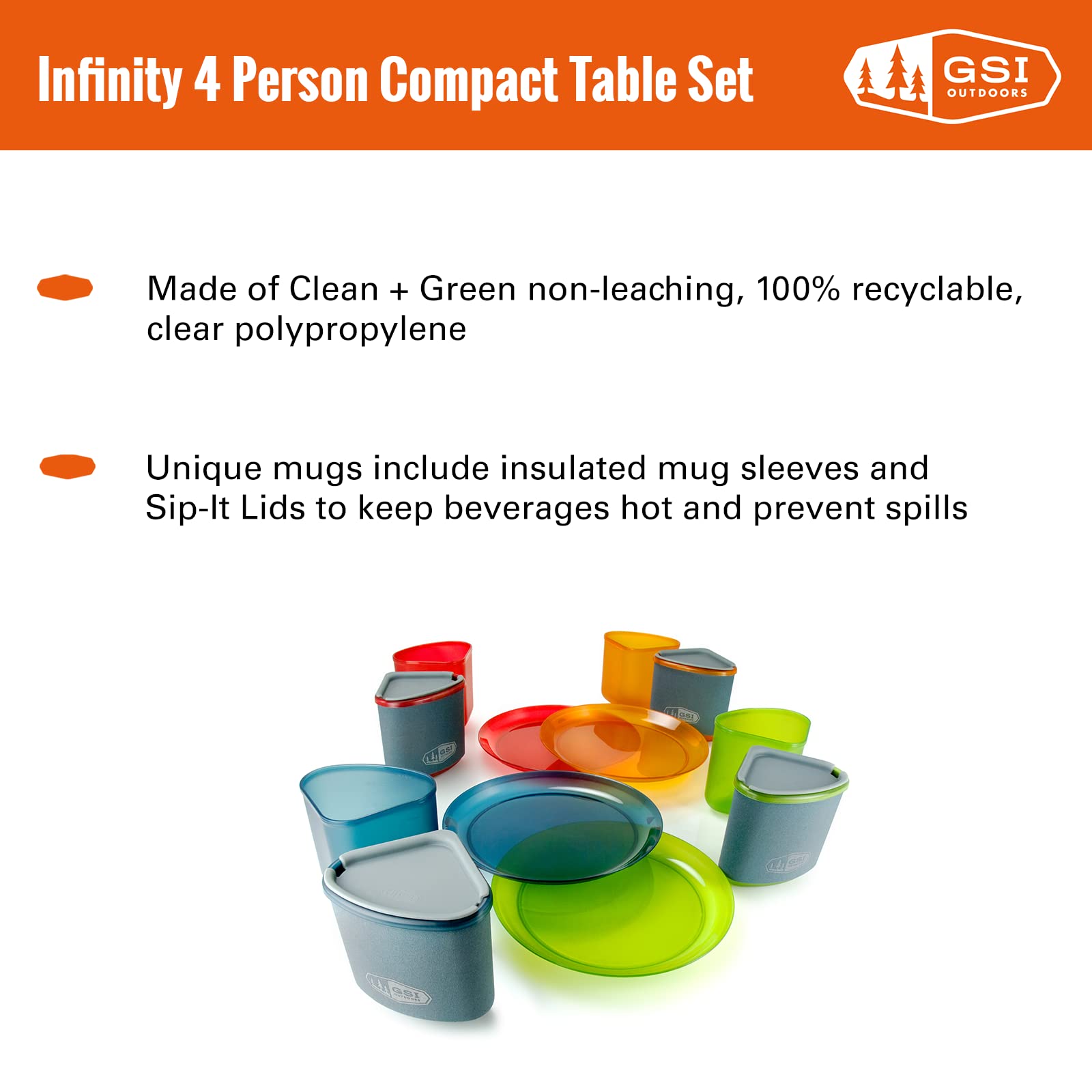 GSI Outdoors Infinity 4 Person Compact Nesting Tableset for Ultra-Light and Compact with Cup, Bowls and Plates for Camping, RV, or BBQ