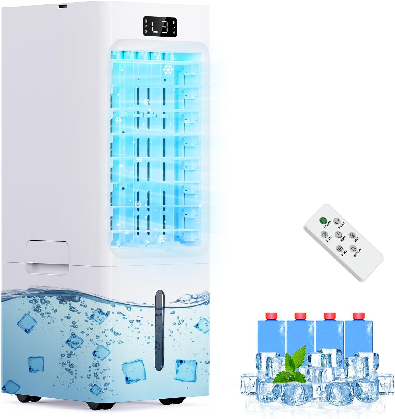 Portable Air Conditioner, 6000ML Water Tank with 4 Ice Packs, Air Conditioner Cooling Fan Humidifier 3-in-1, 3 Speeds & 4 Modes, 12H Timer, Remote Control, Evaporative Air Cooler for Home - Amazon product rated Grade C