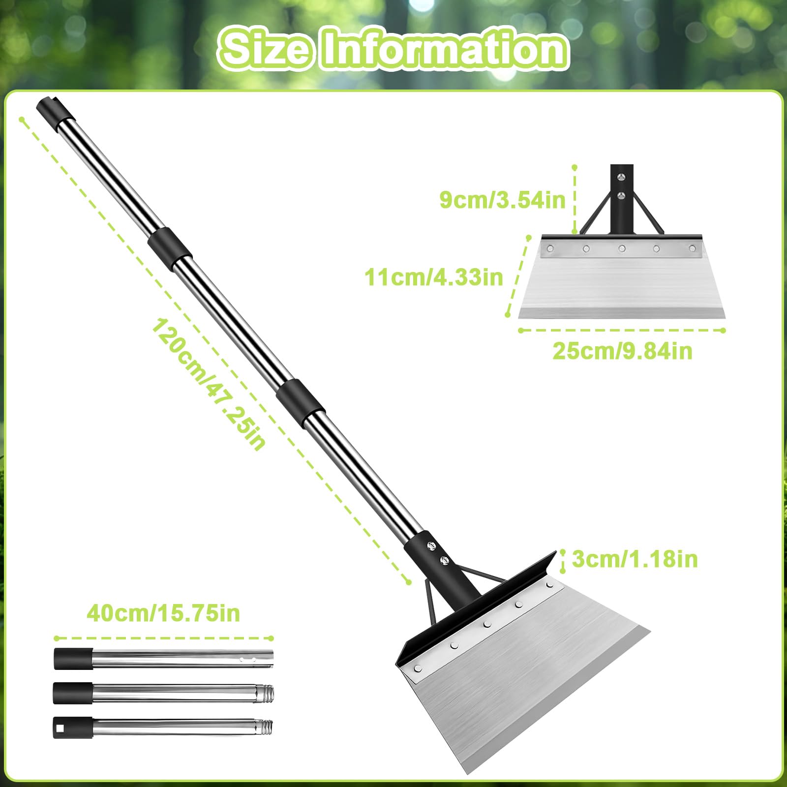 Pelle de Jardinage avec Manche Poignée 120cm, Pelle de Nettoyage Extérieur Multifonctionnelle, Grattoir Desherbage Terrasse en Acier Inoxydable, Outil de Jardin Réglable pour Mauvaises Herbes, Mousse