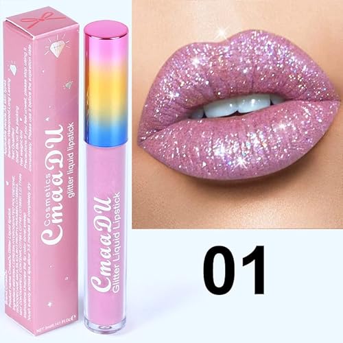 2023 Newest Glitter Waterproof Long Lasting Lip Gloss,6 Color Diamond Shiny Dark Red Pink Purple Glitter Sparkly Glossy Metallic Shimmer Sparkle Waterproof Lipstick Lip Gloss For Women (01) #TOP1