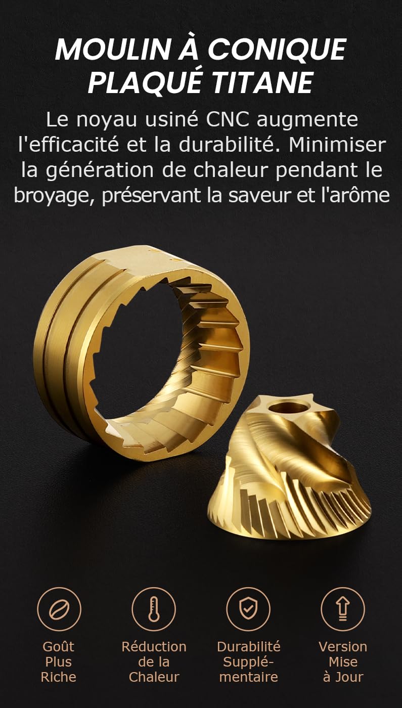 Vevok Chef Moulin à café manuel O20 – 20 niveaux de réglage externe, capacité de 35 g avec étui de voyage et équipement de nettoyage, broyage constant en acier inoxydable tii-plaqué moulin à café