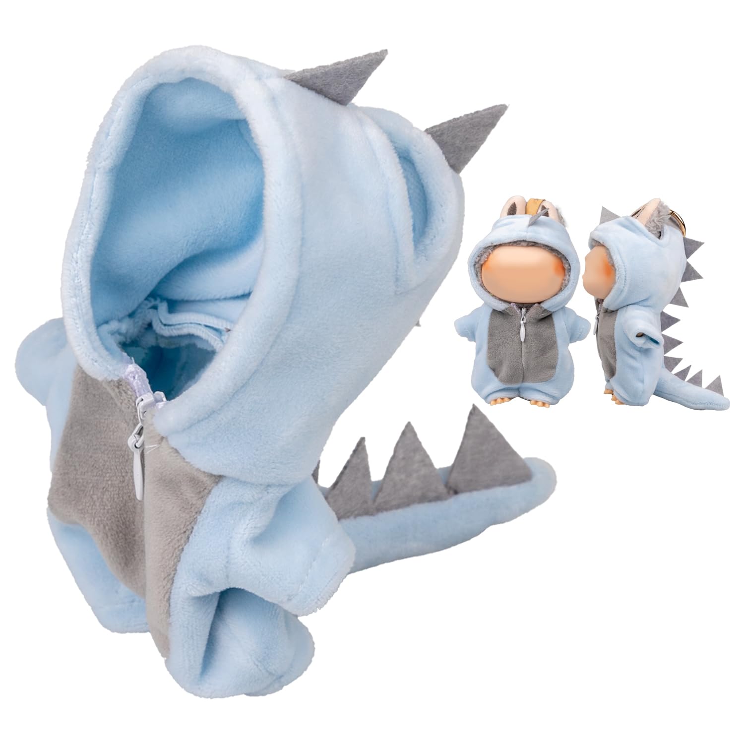 17cm/6.69in Doll Clothes for Labubu Light Blue Dinosaur-Themed One-Piece Hooded Overall Outfit, Dolls Clothes Accessories