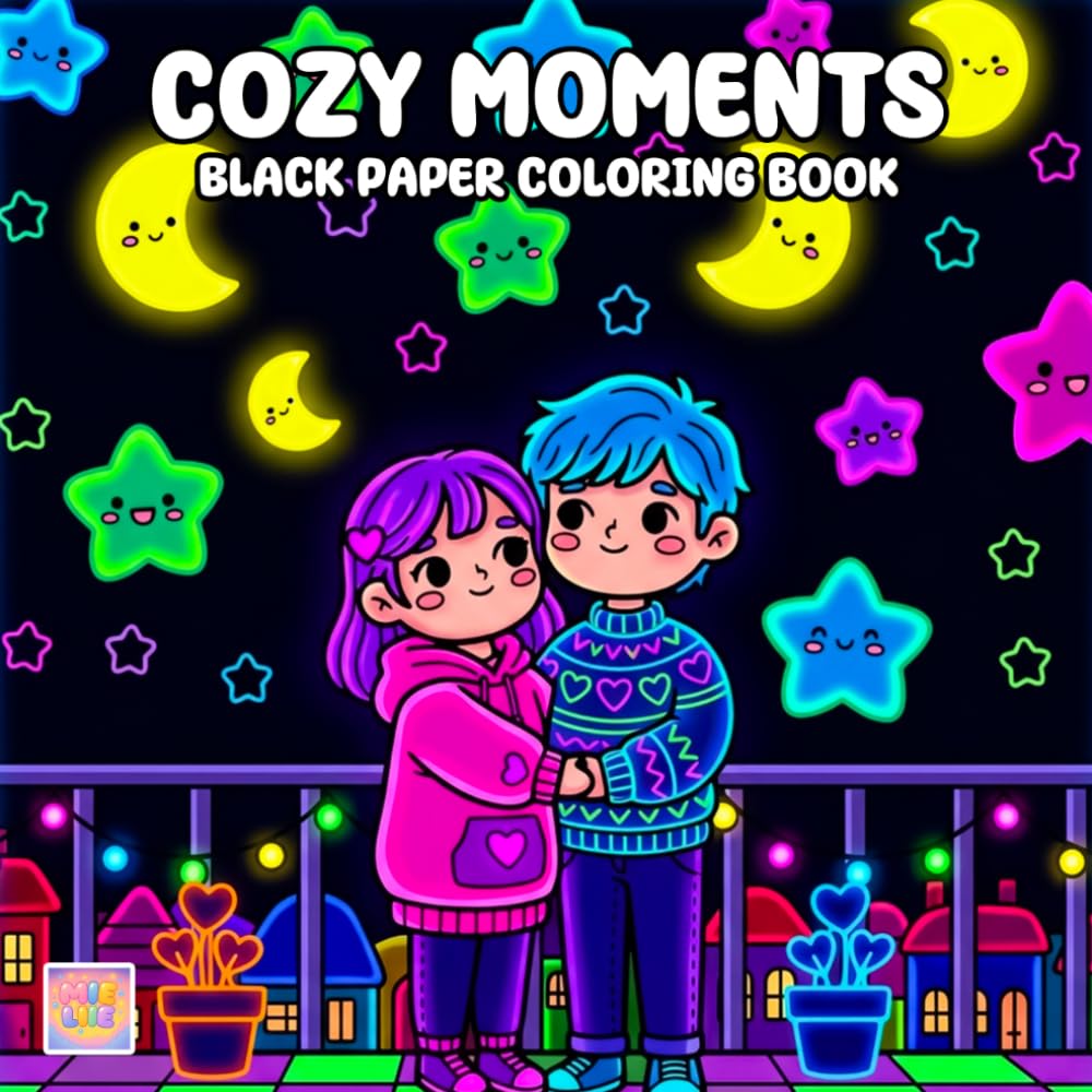 Cozy Moments Black Paper Coloring Book: Whimsical Comfy Activities, Charming Daily Scenes, and Glowing Art on Dark Background