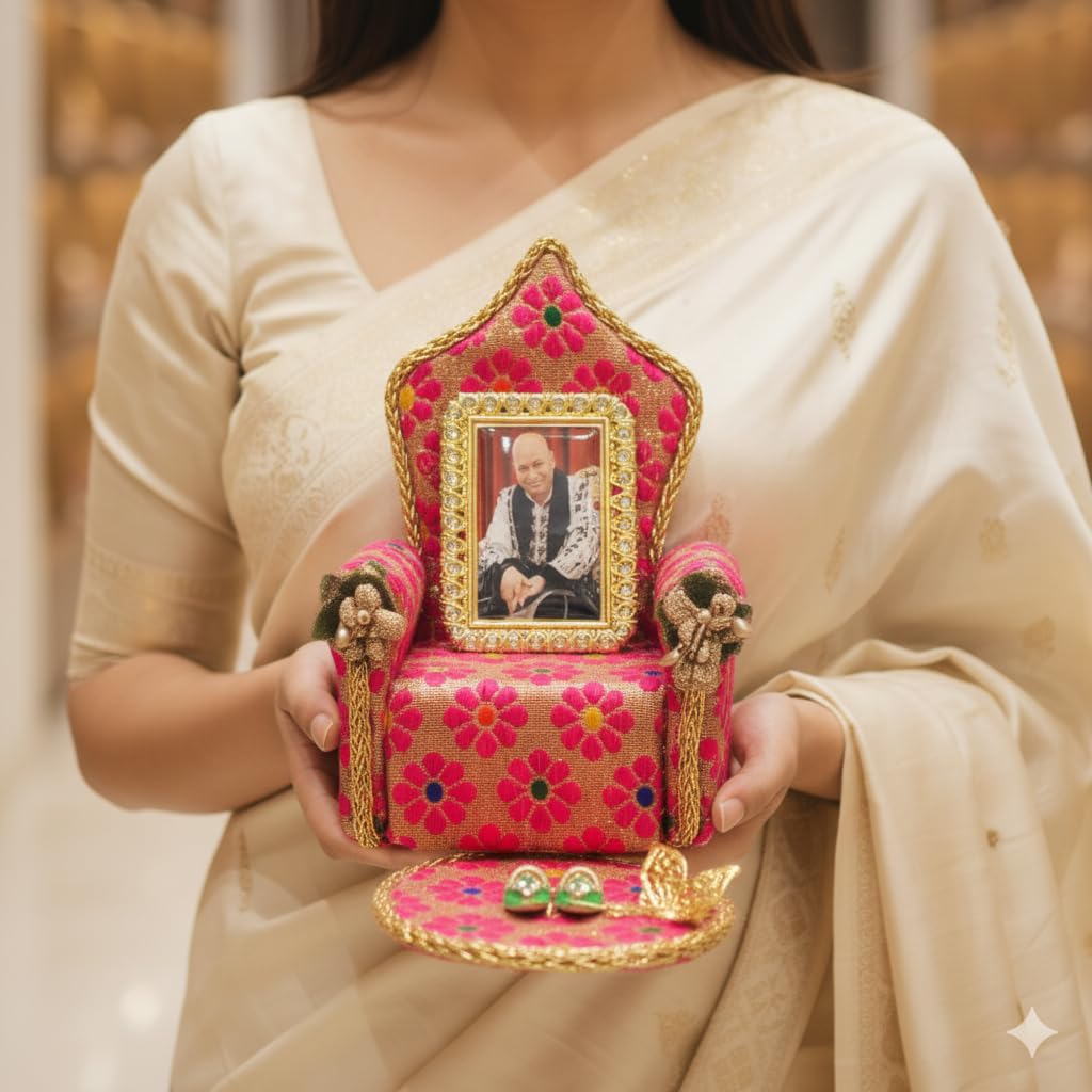 Guruji Darbar Includes Singhasan with Guruji Swaroop, Charan Paduka and Gold Plated Butterfly on mat | Shukrana Blessings | Imported Wood | Premium Fabric | Color : Pink & Multicolor Flowers-image-2