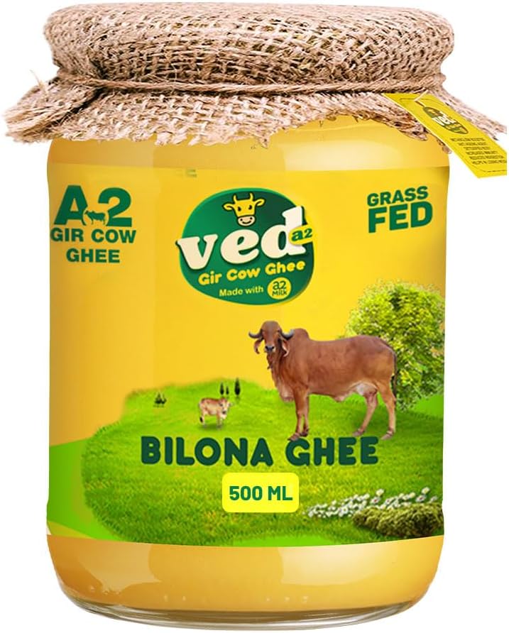 Ved A2 Gir Cow Desi Ghee 500ml Glass Jar, Made with Vedic Bilona Method, Lab Tested Hand Churned Cow Ghee, Support Immune System & Digestive Health