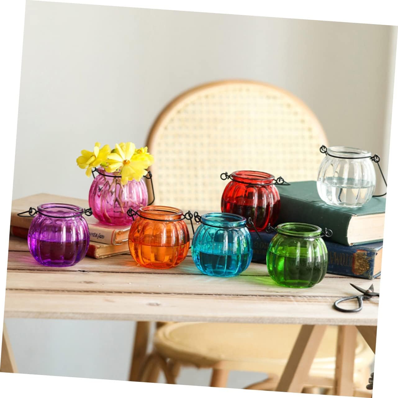 Cabilock 4Pcs Glass Pumpkin Flower Vase with Handle for Halloween Hanging Hydroponic Plant Containers for Home Wall Decoration and Floral Arrangement