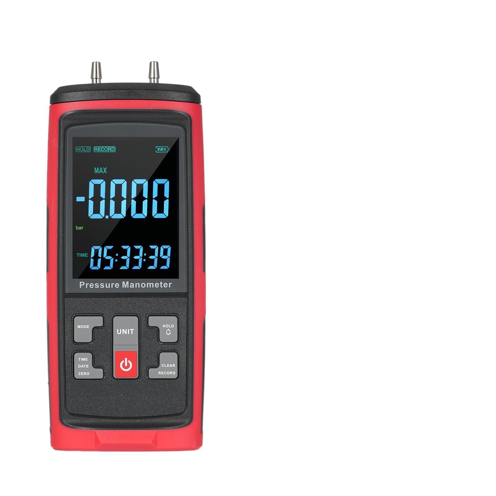 Probador de Presión de Gas Manómetro Digital Doble Puerto, Medidor Presión Aire Profesional para Aplicaciones Amplias, Barómetro Material ABS para Técnicos HVAC, Manómetro Diferencial Mano