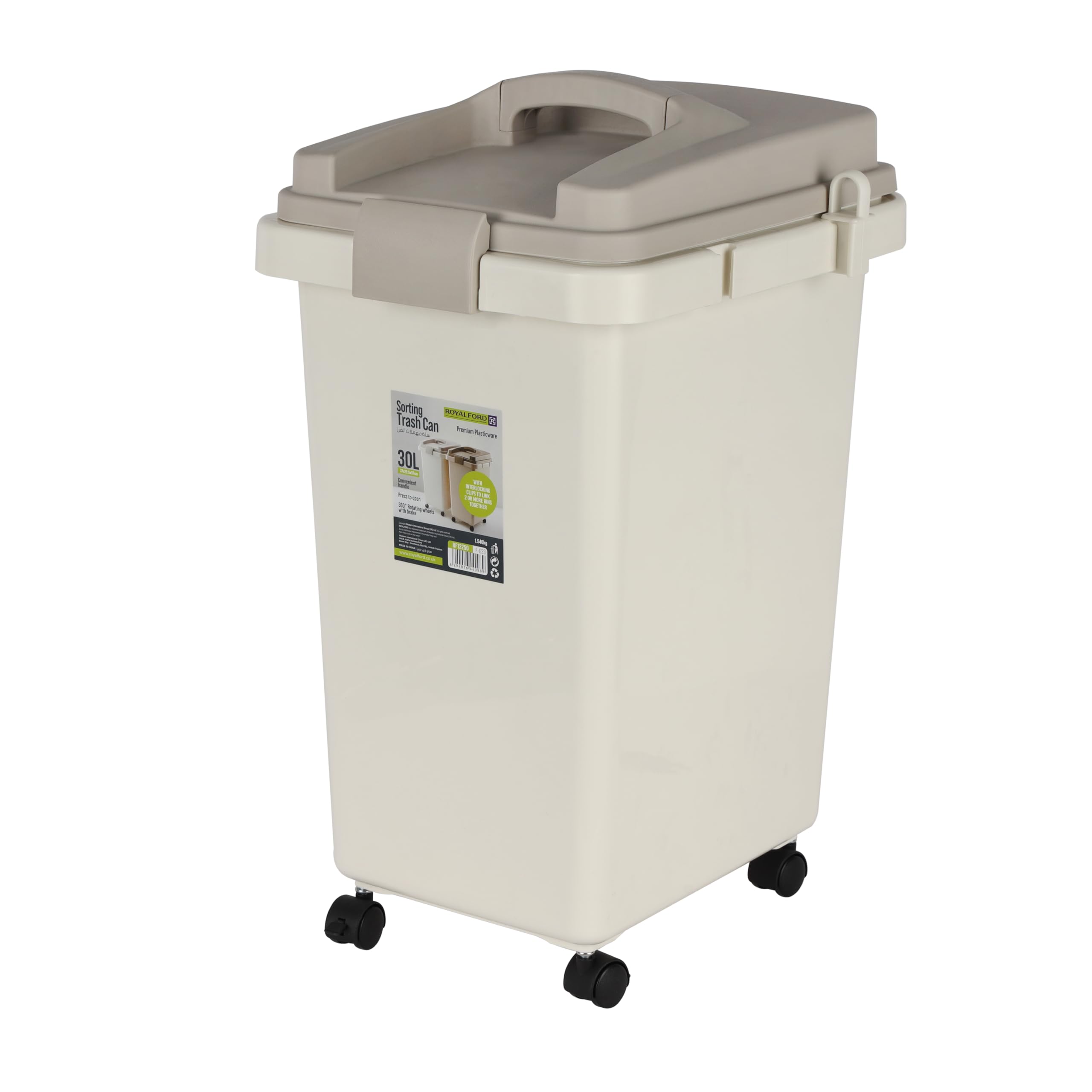 Royalford 30L Sorting Waste Bins Strong Plastic With Convenient Handles Press Open Lid 360° Rotating Wheels Brakes and Interlocking Clips White RF12250