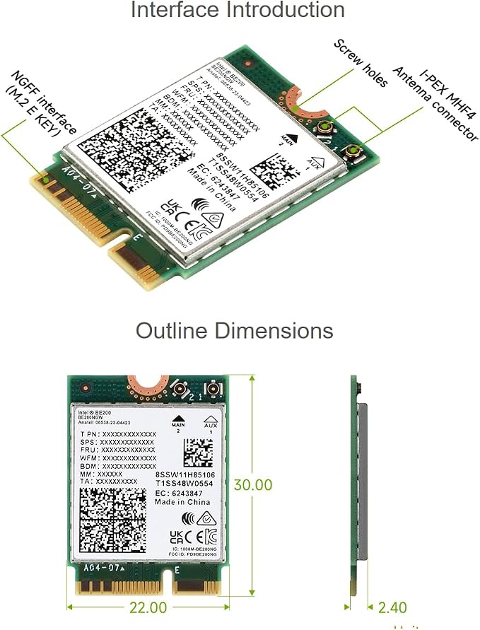 Tarjeta de Red Inalámbrica Wi-Fi 7 BE200 de Waveshare, Adaptador NIC Tri-Banda 2.4G/5G/6GHz, Bluetooth 5.4, 5800 Mbps, Interfaz NGFF (M.2 E Key), Compatible con Windows y Linux miniatura 8