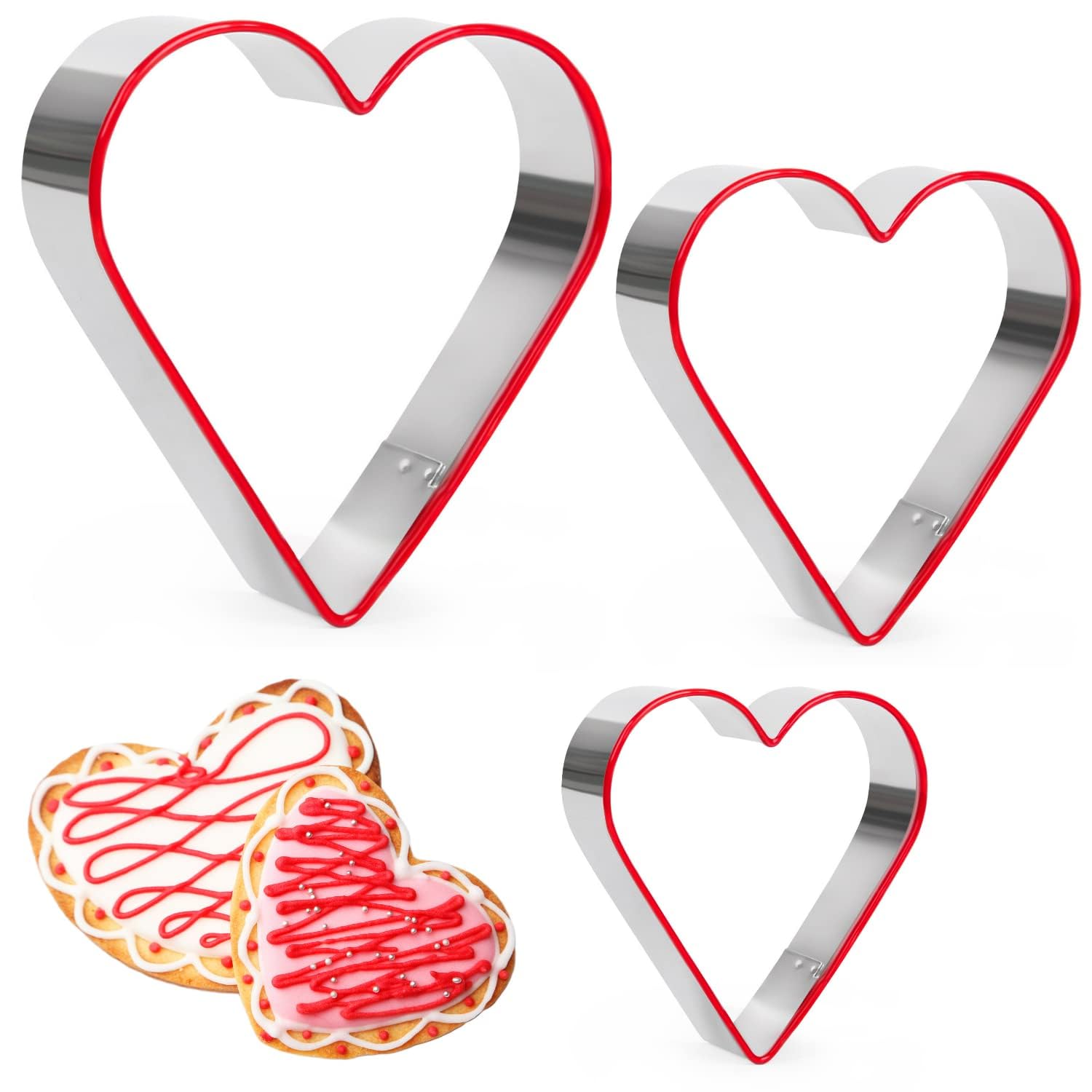 3 Pcs Heart Cookie Cutters 2.1" 3.3" 4.3", Food-Grade Stainless Steel Heart Biscuit Cutter with Protective Red Top PVC for Valentine