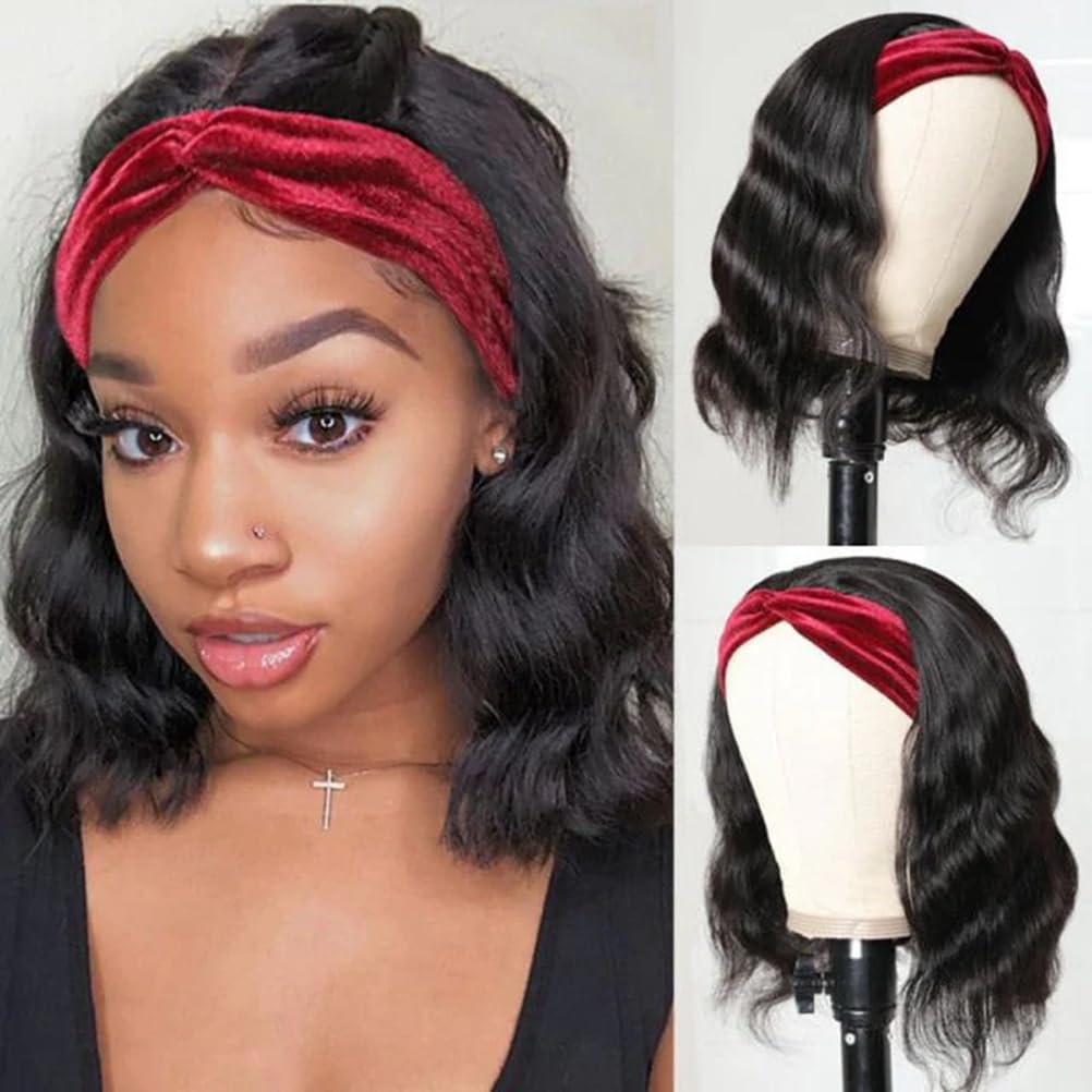 Headband Wig Human Hair Body Wave 14 Inch Half Wig Glueless Human Hair Wig for Women 150% Density Brizilian Virgin Hair Wear and Go Wigs Machine Made Natural Color