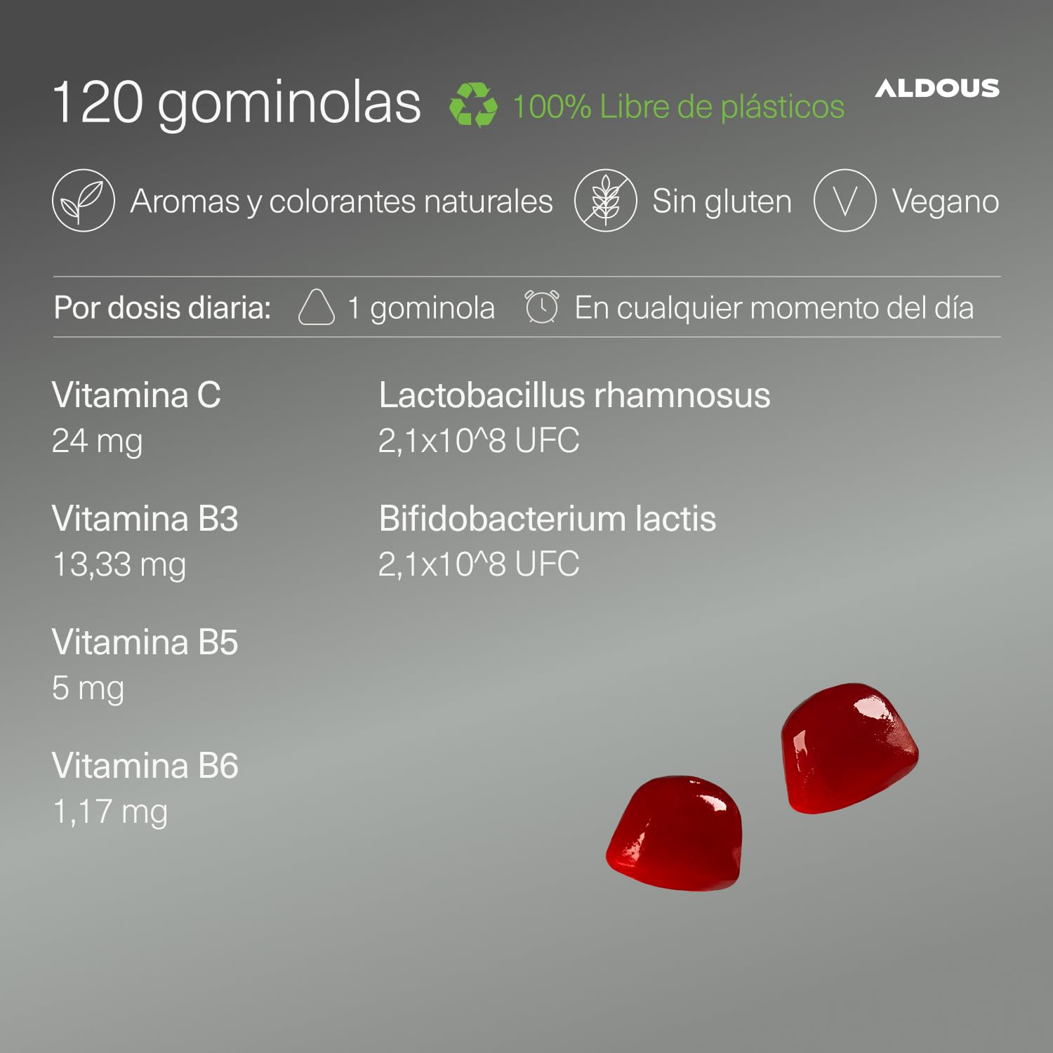 Probióticos Intestinales Gominolas - 120 Gummies sabor natural a Mora - Flora intestinal, Gases, Hinchazón - Bifidobacterium, Lactobacillus, Vitamina C, B3, B5, B6 - ALDOUS