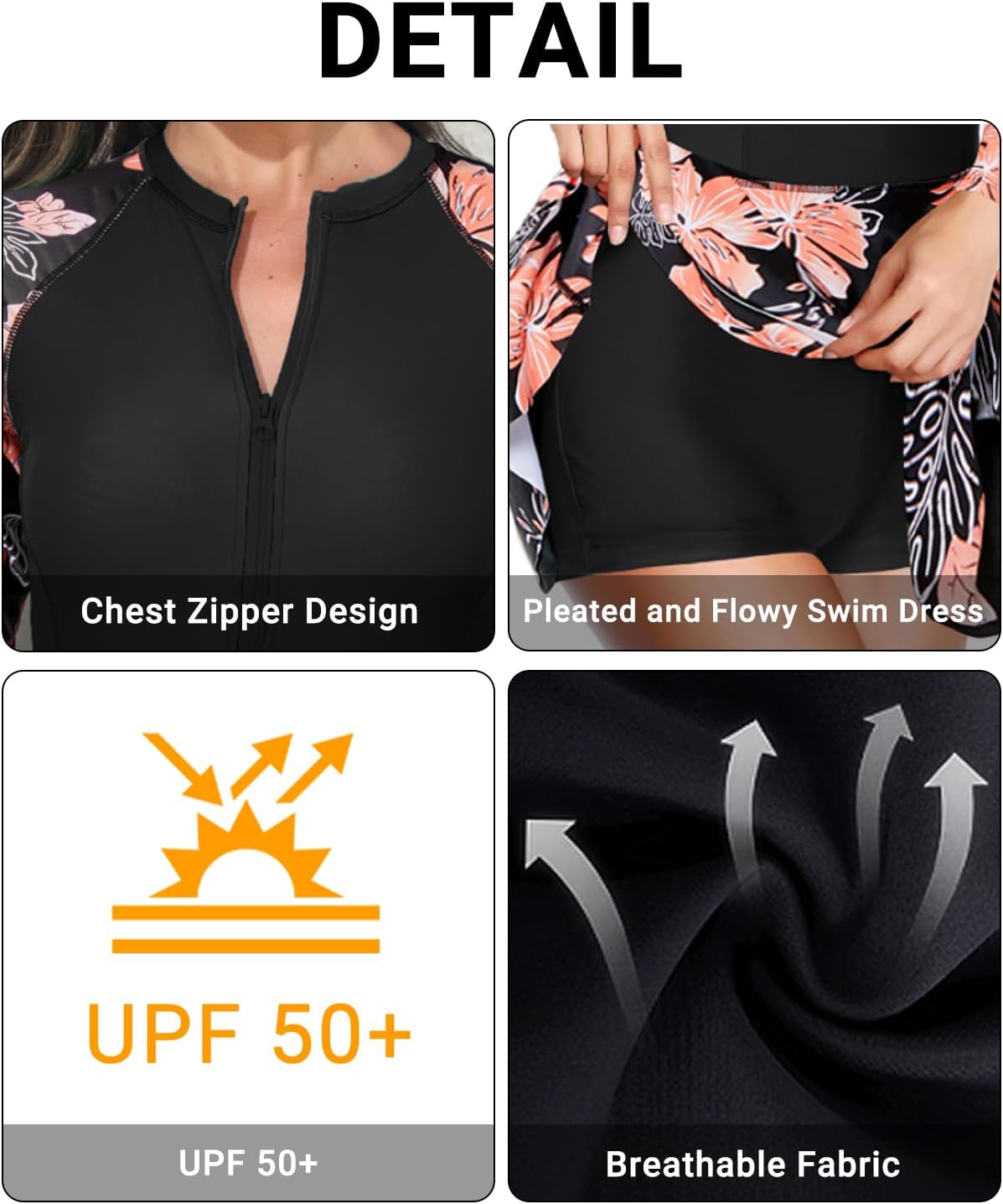 Daci Women Long Sleeve One Piece Rash Guard Modest Swimsuits Dress Zipper Bathing Suit Skirt with Short UPF 50+ - Image 4