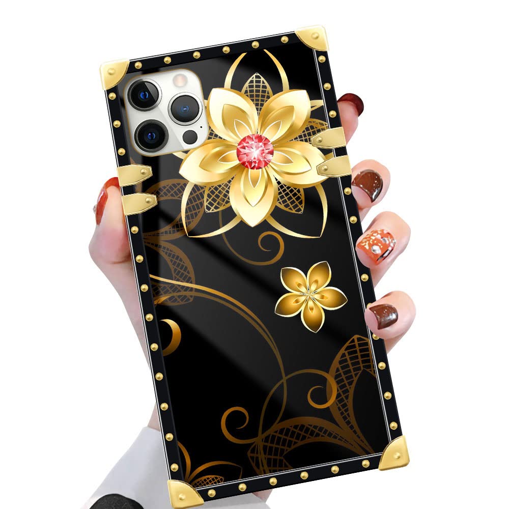 Yuning419iPhone 11 Case, Golden Flower iPhone 11 Cases for Girls Womens, Luxury Golden Decoration Square Soft TPU Shockproof Protective Hard PC Back for iPhone 11 6.1 inch