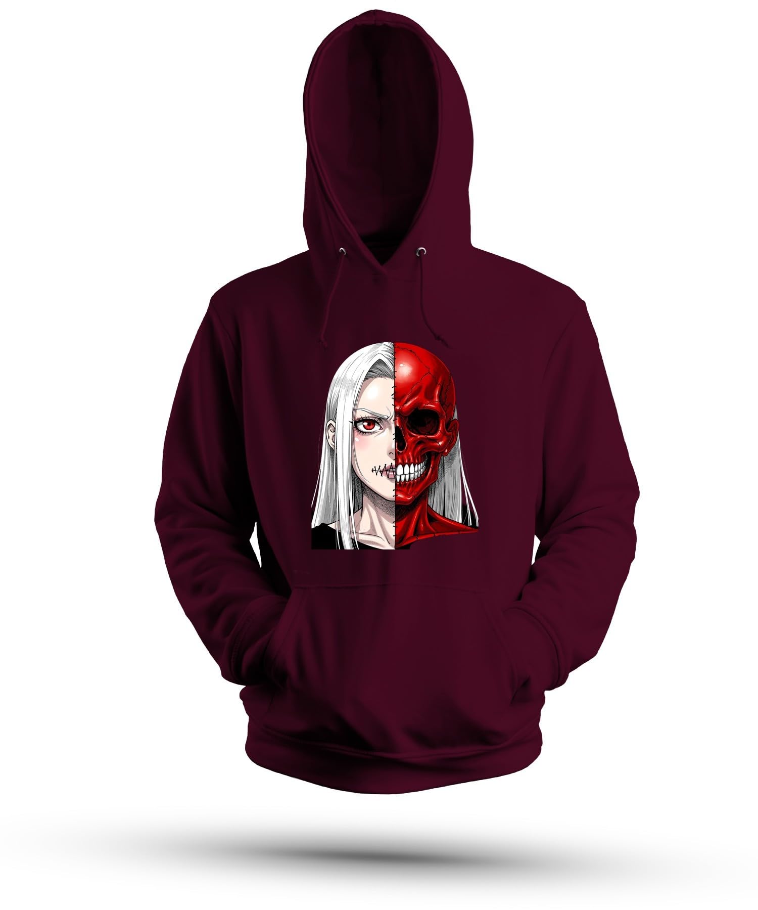 Anime dziewczęca czerwona czaszka horror bluza z kapturem, burgundowa, XL