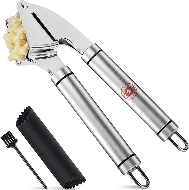 Alpha Grillers Garlic Press And Peeler Set. Stainless Steel Mincer and Silicone Tube Roller. Best Kitchen Gift. Ginger Crusher