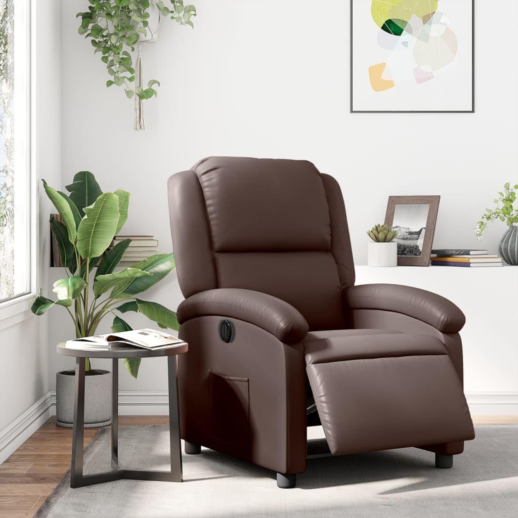 Elektryczny fotel relaksacyjny, brązowy, sztuczna skóra, z funkcją leżenia, regulowany, ergonomiczny, z podłokietnikami i kieszenią boczną, do salonu, biura i kącika do czytania, stabilna