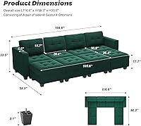 Vista 2 de Belffin Sofá cama modular de terciopelo con otomanas, reversible, moderno, con asientos de almacenamiento, color verde