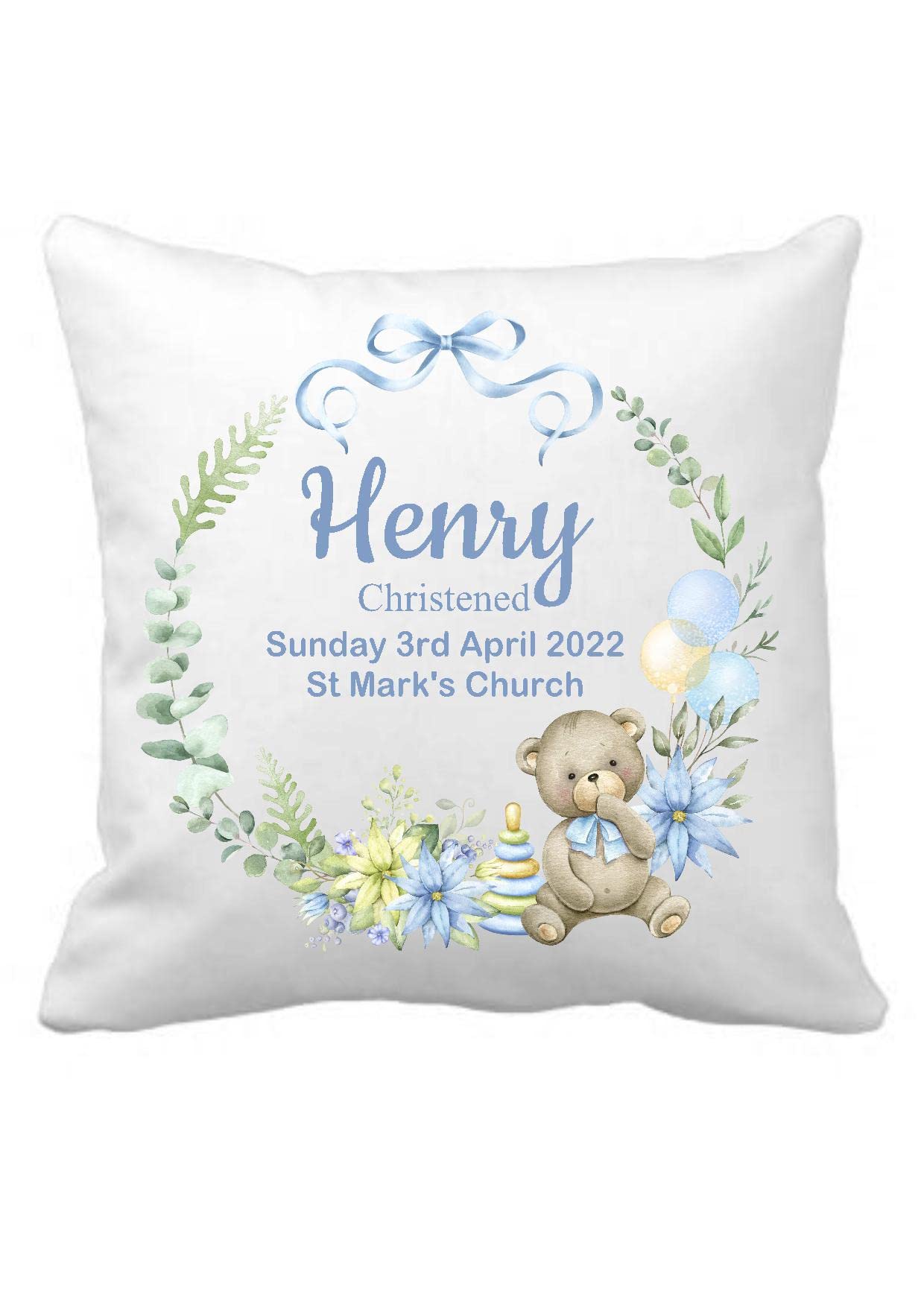 danni rose Personalised Cute Bear Christening Cushion, Baby Boy, Custom Christening Gift, Present,Christening Keepsake,Baptism Gift Baby Keepsake