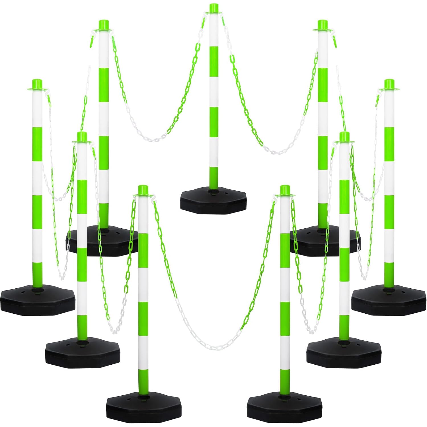 Amylove 9 Packs Traffic Delineator Post Cone with Base, Traffic Cones Safety Cones Caution Cones Plastic Stanchion Chain Safety Barriers with 6.6 Feet Link Chain and S Hooks for Parking Lot (Green) Green 9