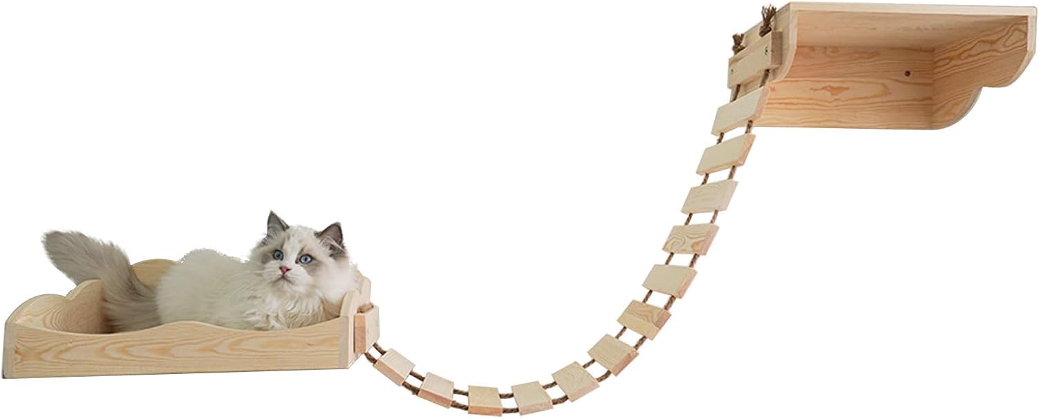 Cat Hammock Wall Mounted Cats Shelf and Climbing Shelf Four Step Cat Stairway with Sisal Scratching Bridge Step Solid Wood Tree Sleeping Playing Lounging Perching Cat Furniture
