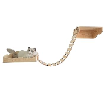 Yiotl Wall-Mounted Cat Shelf Sets Wood Cat Bed Hammock Climbing Bridge Step Solid Wood Cat Tree Ladder Modern Cat Wall Shelf Furniture Sets with Cat Mat