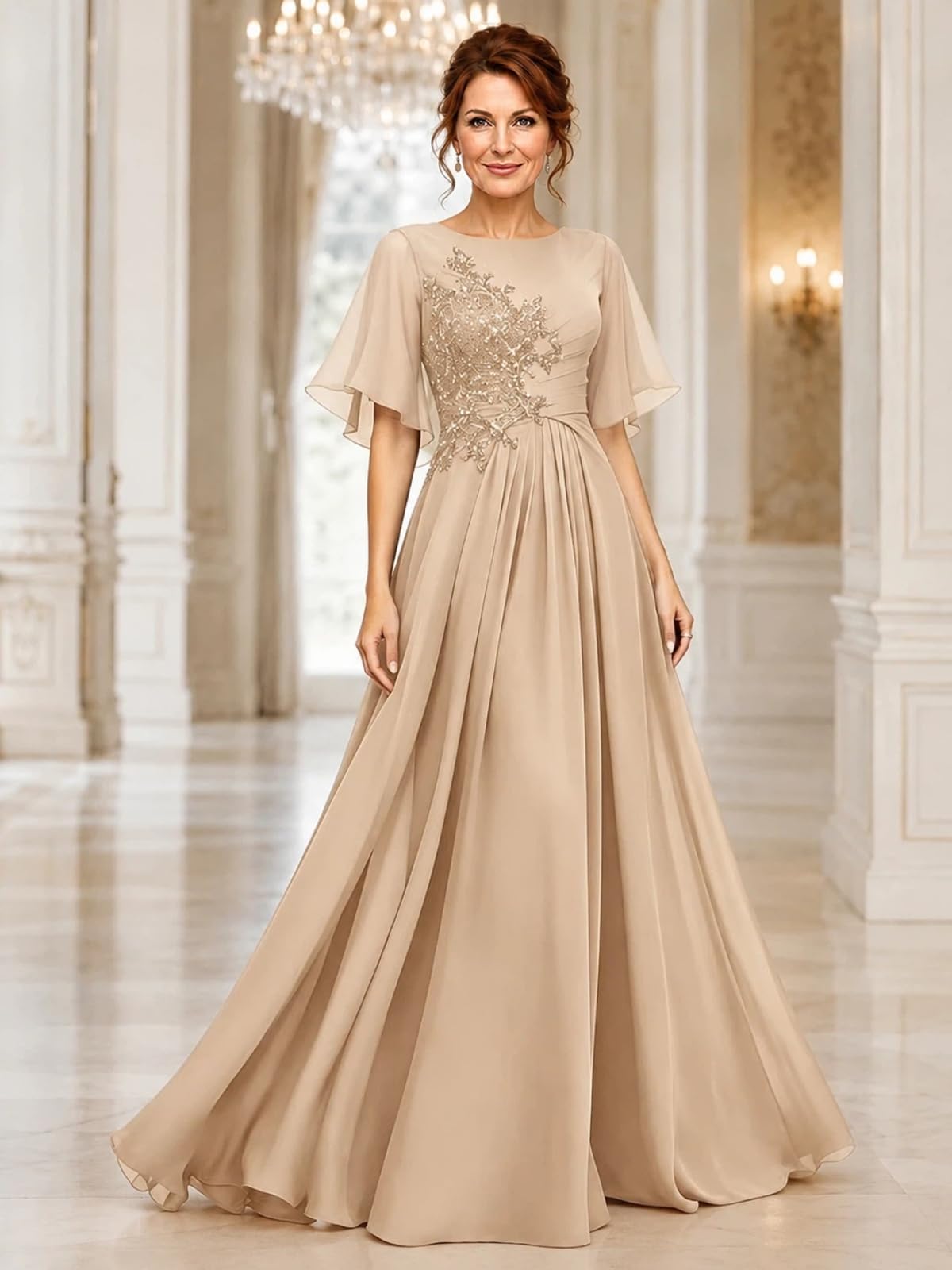 Chiffon Brautmutterkleider mit Spitze lang A-Linie Kurze Ärmel Elegant formelle Abendkleider für Hochzeiten
