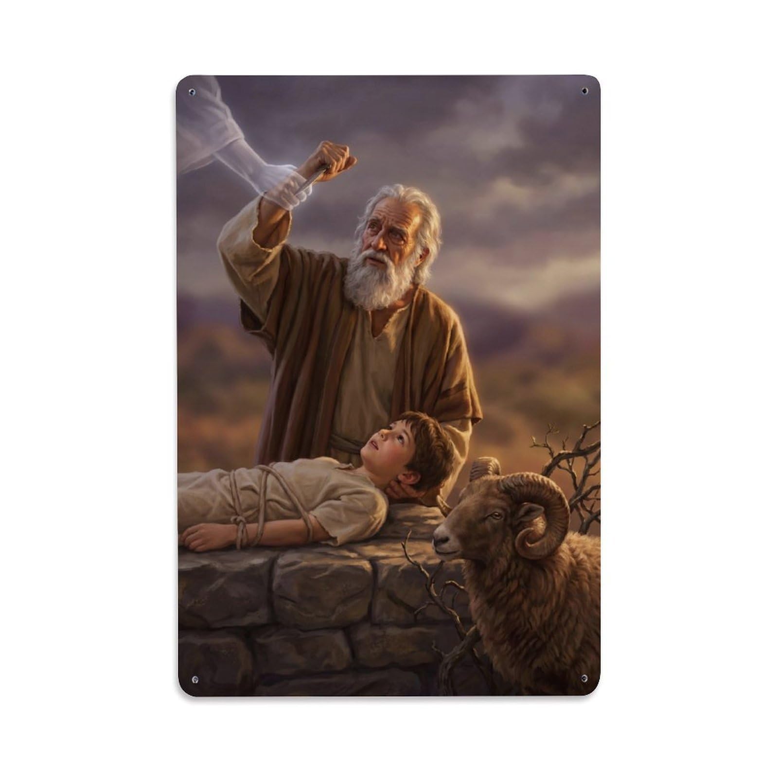 Abraham Isaac Sacrifice Bible Old Testament Ram Covenant Metal Tin Sign Plaque Wall Decor for Cafe, Man Cave, Club Bar, Office, Home Garden Round Metal Poster 8x12Inch