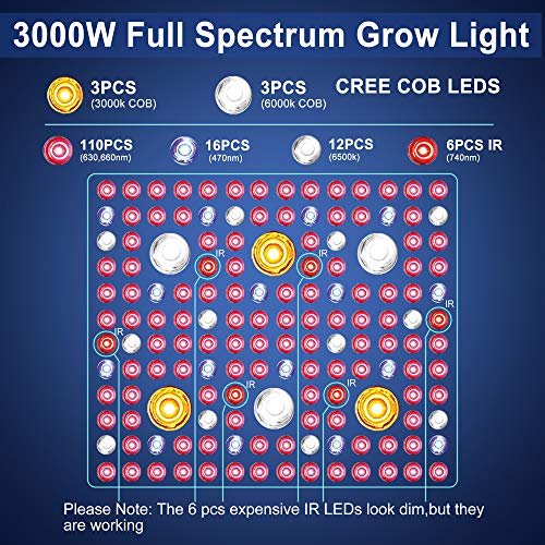 Phlizon CREE COB 3000W LED Plant Grow Light Full Spectrum Indoor Plants Light Growing Veg Flower CREE COB Grow Light with Monitor Adjustable Rope -3000W (Actual Power 600watt)