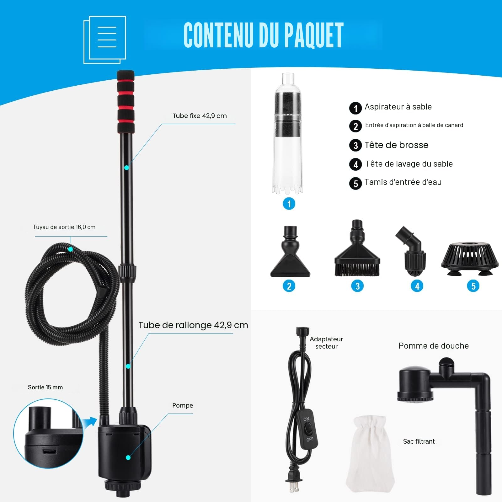 AQQA Nettoyeur électrique pour Aquarium,6en1Aspirateur Automatique pour Aquarium,Aspirateur de Gravier Électrique,Changeur d'eau Laveur