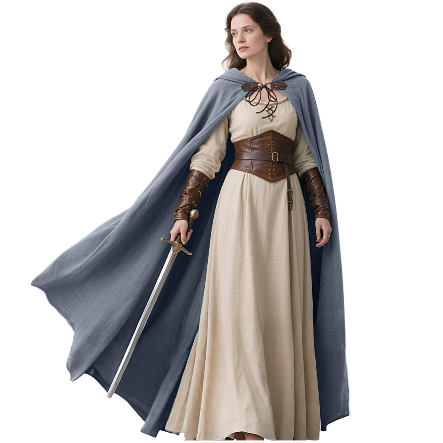 L'VOW Medieval Hooded Cloak Linen Renaissance Cape with Hood - Halloween Hobbit Cosplay Witch Wizard LARP