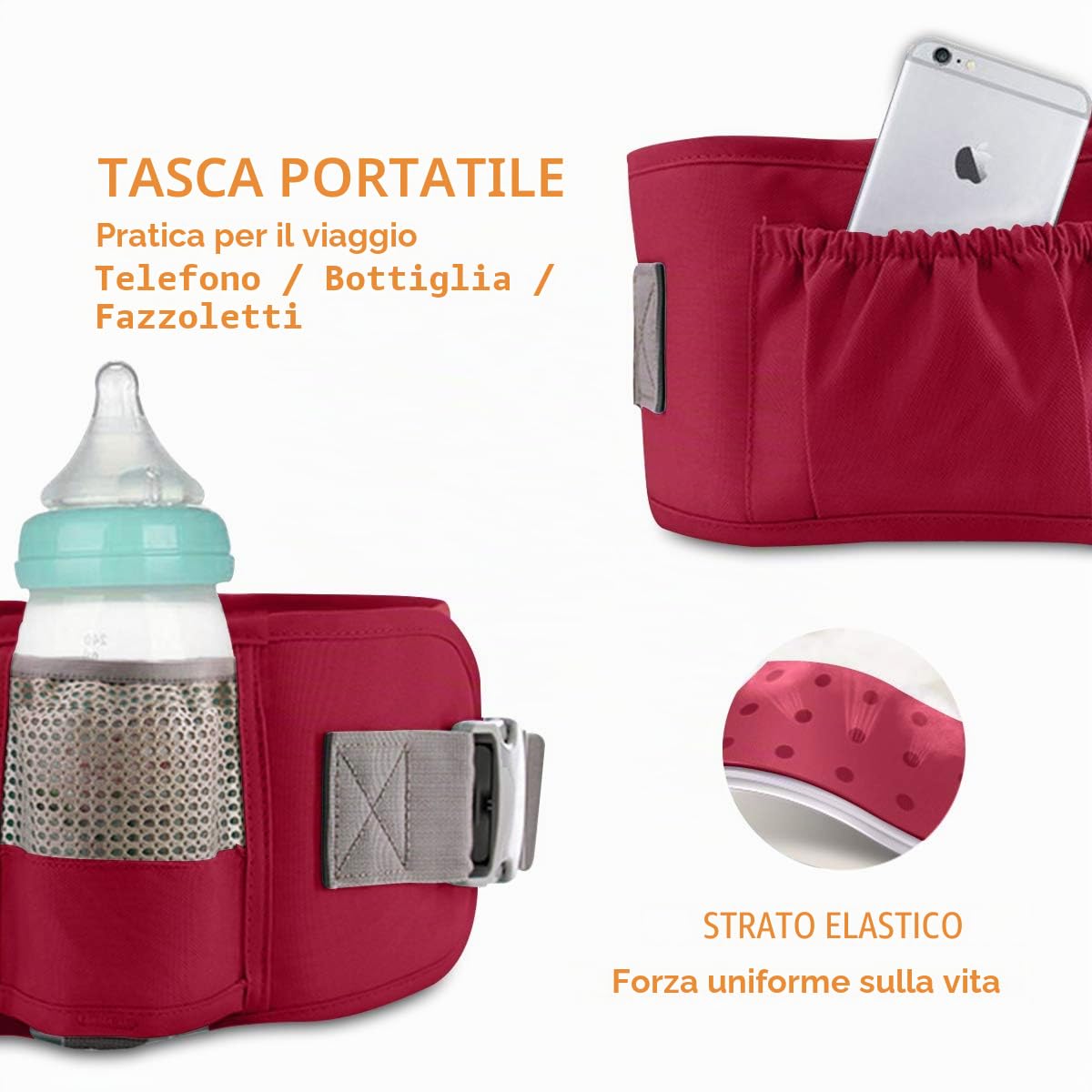SONARIN 3 in 1 Multifunzione Hipseat Marsupio Baby Carrier,Porta bebè,Portantina per bebè,Anteriore e Posteriore,100% Cotone,Ergonomico(Rosso)