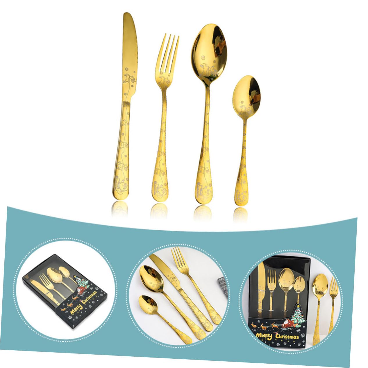 Alipis 5 Juegos De Cubiertos De Navidad Tenedores De Postre De Navidad Decoraciones De Mesa De Navidad Vajilla De Acero Inoxidable Cuchara Dorada Cubiertos De Filete para Banquete