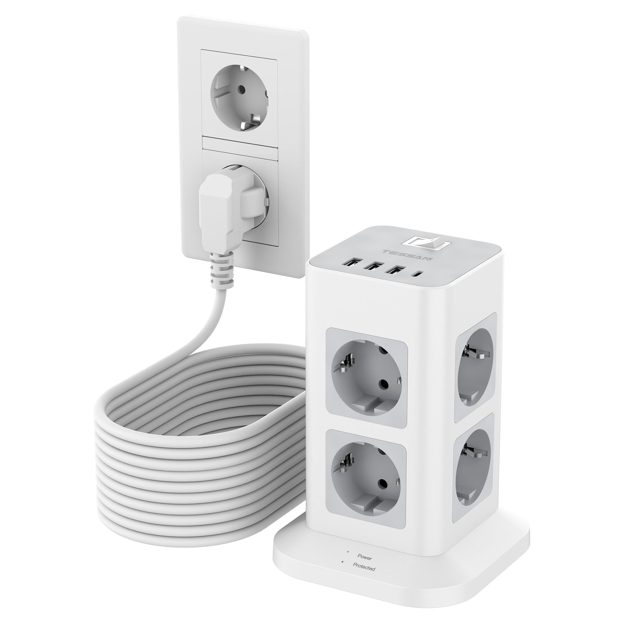 TESSAN Ciabatta Multipresa con 4 USB, Multi presa Elettrica 10 Metri, Presa Protezione Sovratensione con Interruttore