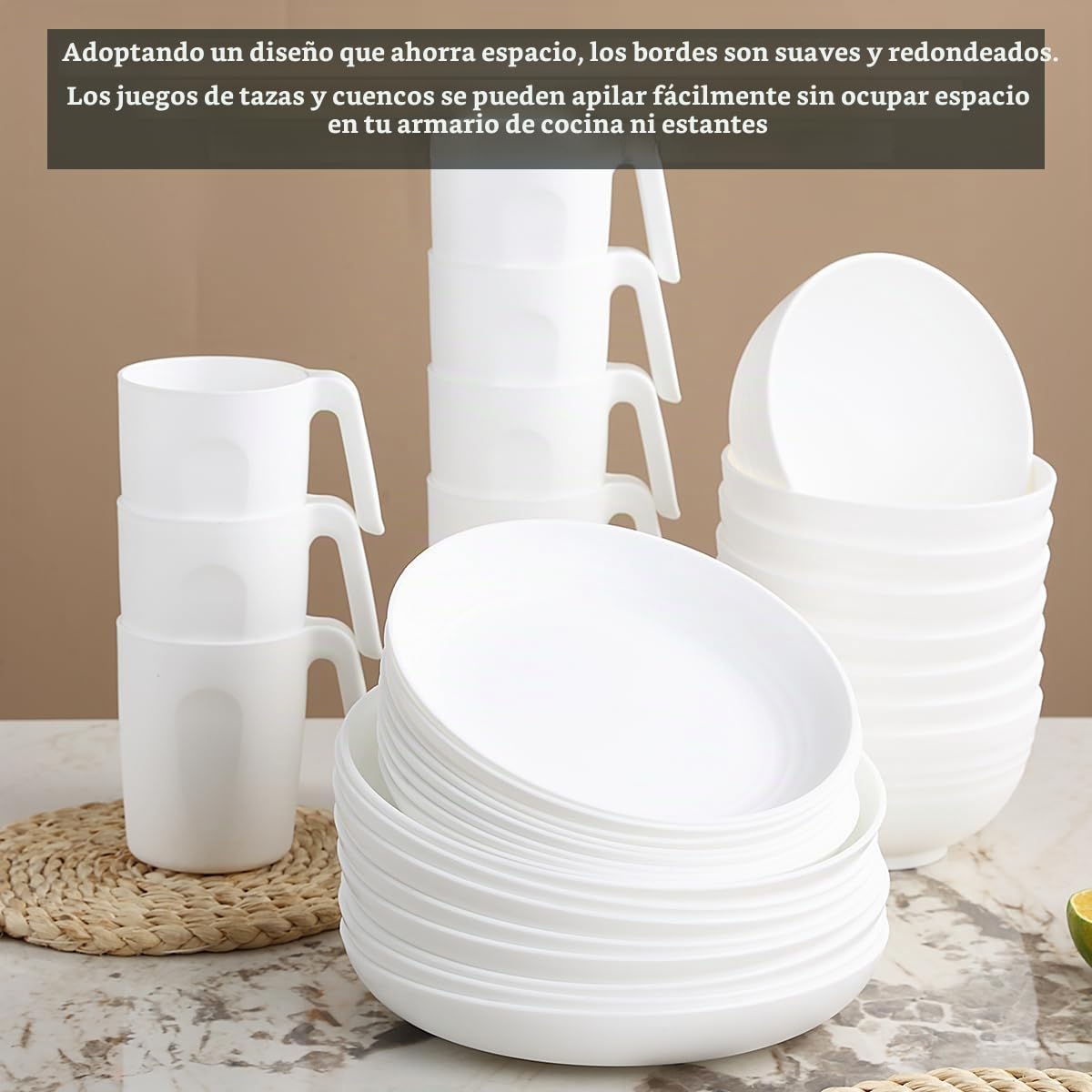 Berglander vajilla de plástico blanco Servicio de 24 piezas para 6, juegos de platos y tazones reutilizables incluye platos de cena, plato de postre, tazones de cereales, tazas para el hogar, jardín