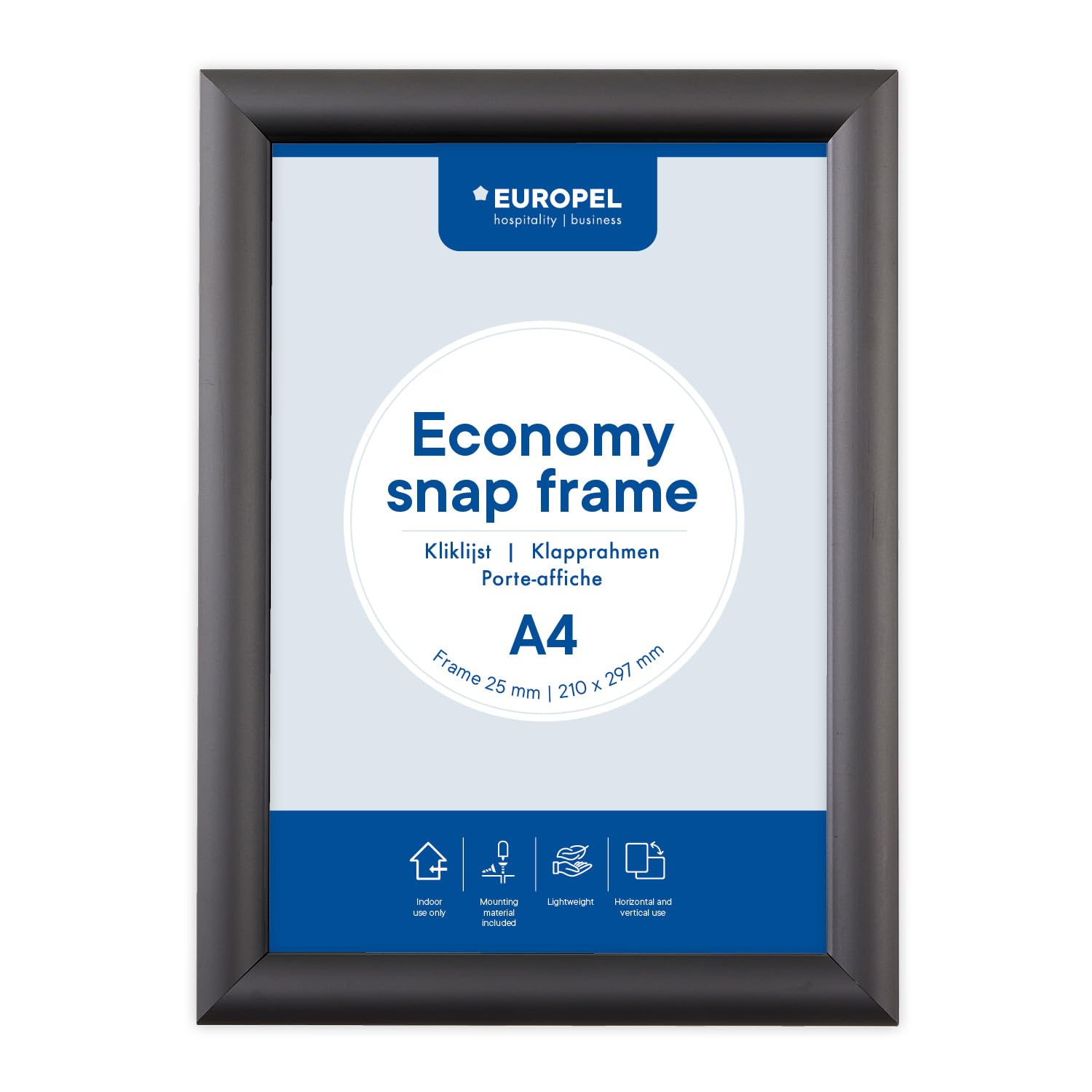 Europel Marco Economy Snap A4, color negro, perfil de aluminio de 25 x 11 mm, para carteles de 21 x 29,7 cm, película antirreflectante, visualización de publicidad, menús, hotel, oficina, restaurante