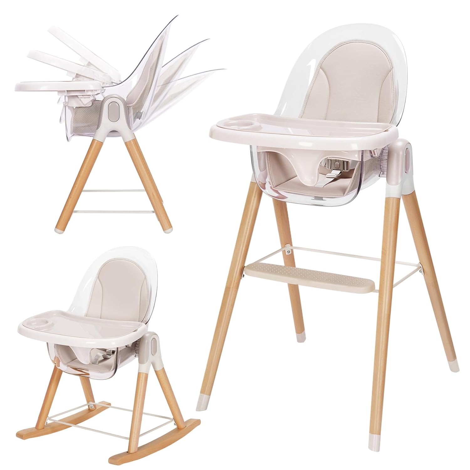 Baby High Chair, 7-in-1 Grow with Family Convertible Wooden High Chair for Babies and Toddlers, Rocking Chair, Reclining Seat, Easy to Clean Compact High Chair Removable Cushion and Double Tray Clear Seat Taupe Cushion 1 Count (Pack of 1)