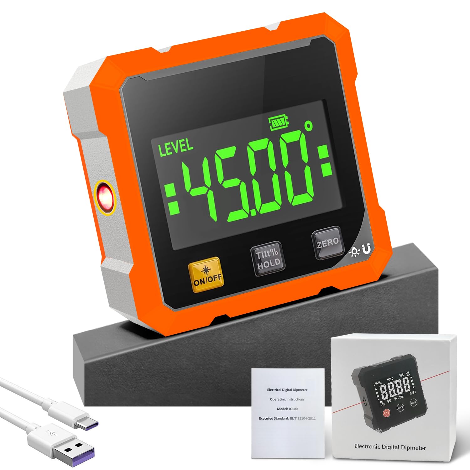 Digitaler Winkelmesser mit Laser, 4-seitig Magnetisch mit LCD Display | Type-C Schnittstelle IP54 Wasserdicht, ±0,2° Präzision Inklinometer für BAU, Maschinen, DIY Arbeiten (Orange)