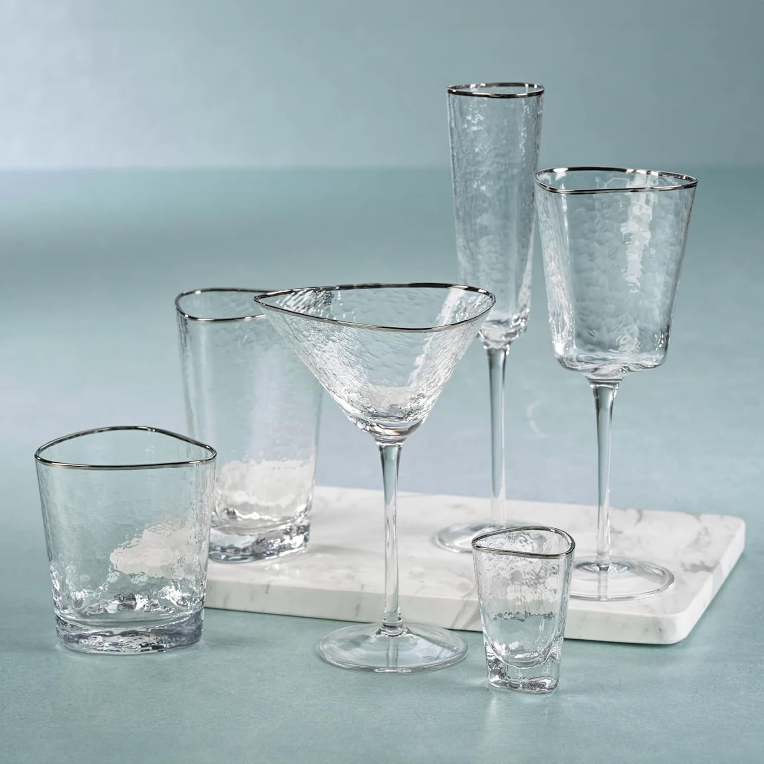 Zodax Aperitivo Triangular Stemware or Glassware - Clear with Platinum Rim - Sets of 4 (Wine)