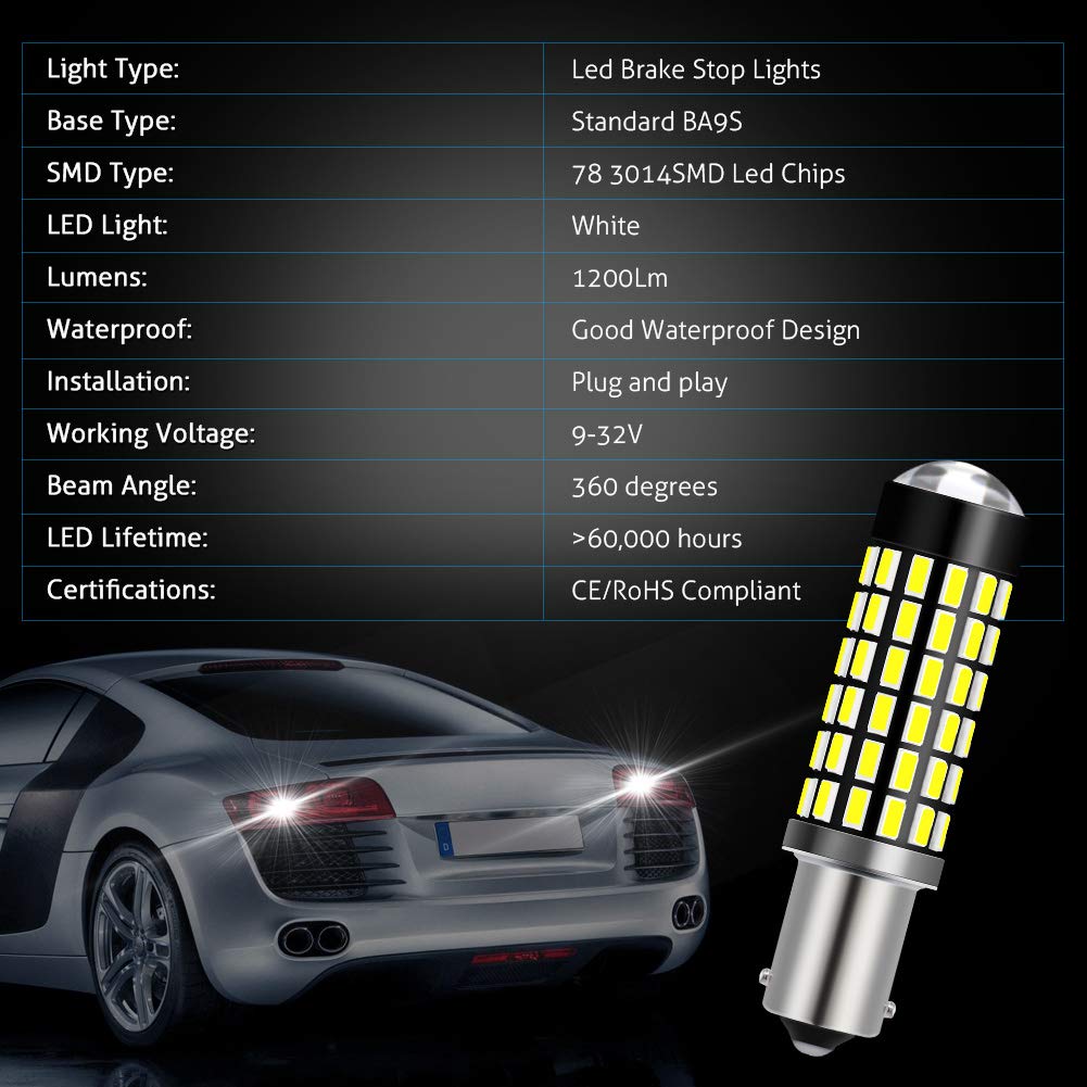 KATUR BA9 BA9S 53 57 1895 żarówka LED super jasna 930 lumenów 3014 78SMD soczewki LED żarówki do hamowania kierunkowskazu cofania tylnej lampy hamowania, ksenonowa biała (opakowanie 10)