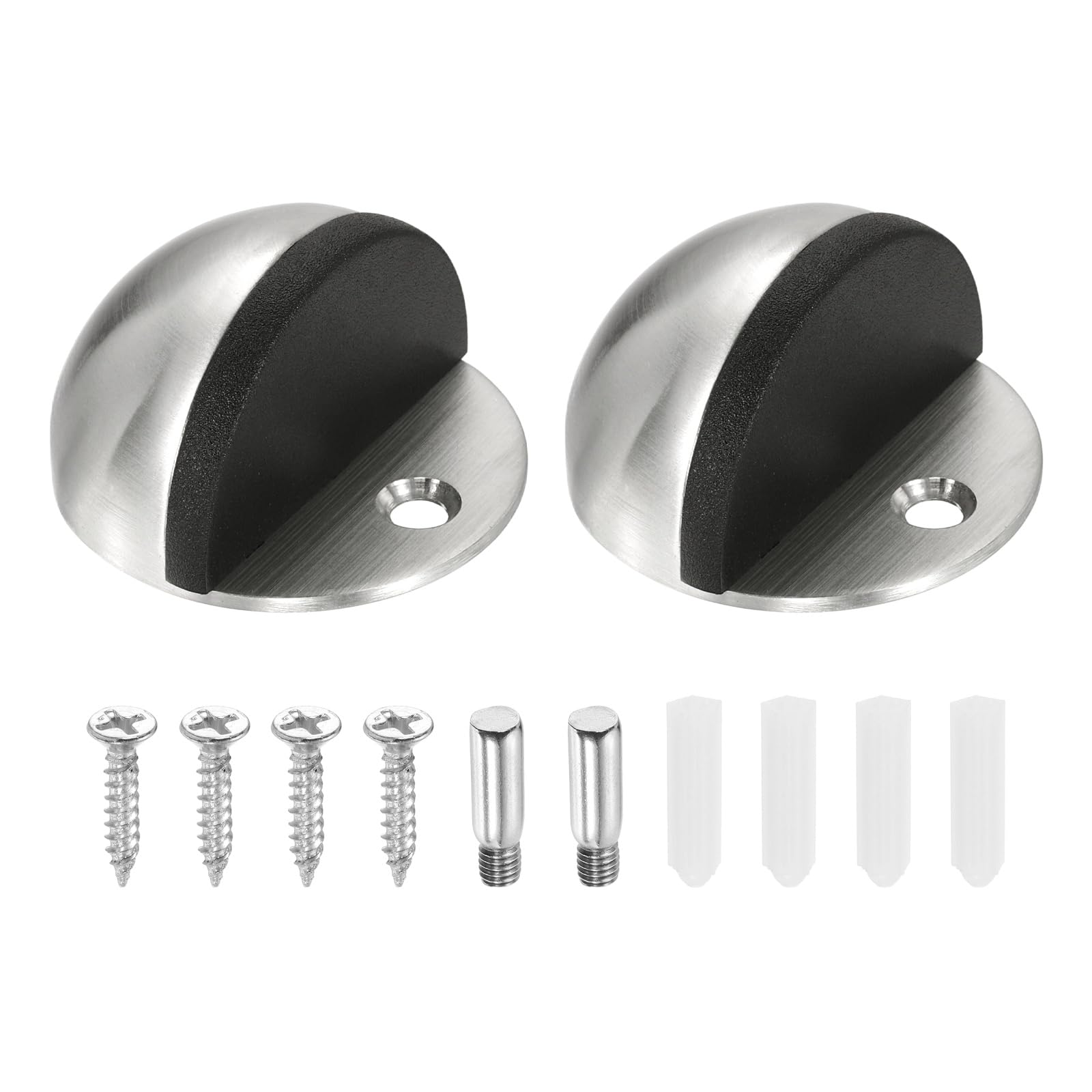 sourcing map 2 Pack Low Dome Floor Door Stop, 45mm Dia. Stainless Steel Door Stopper, Half Dome Rubber Bumper Wall Protector with Screws for Bedroom Bathroom Office, Silver Tone
