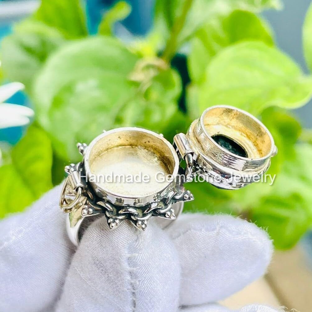 Vintage Moss Agate Poison Ring - Secret Compartment Boho Hippie Sterling Silver Plated Pill Rings, Mothers Day Gift