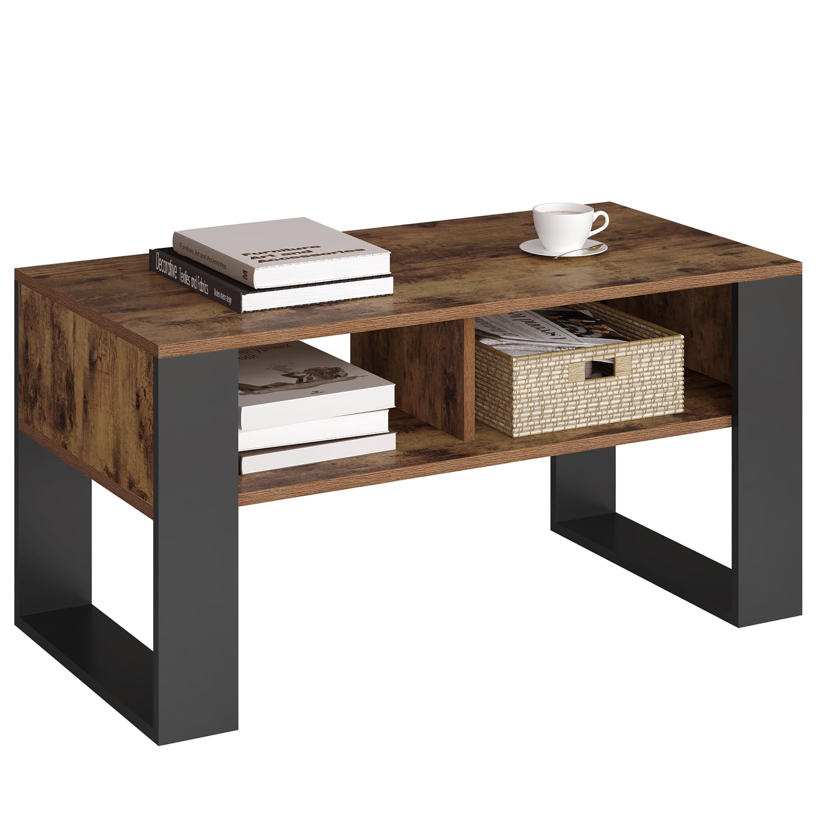 WOLTU Mesa de Centro, Mesita de Sofa con Comportamientos, Mesa Auxiliar con 2 Niveles, para Salon Balcon y Cafeteria, Marrón Rústico+Negro, 90x45x45cm, BTS16hov