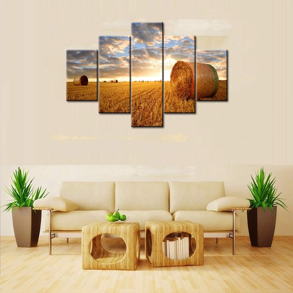 TUMOVO Large 5 Piece Canvas Wall Art for Living Room- Straw Bales on Farmland at Sunset Picture- Modern Home Decor Stretched and Framed Ready to Hang - 60" W x 40" H 60"W x 40"H Artwork-06