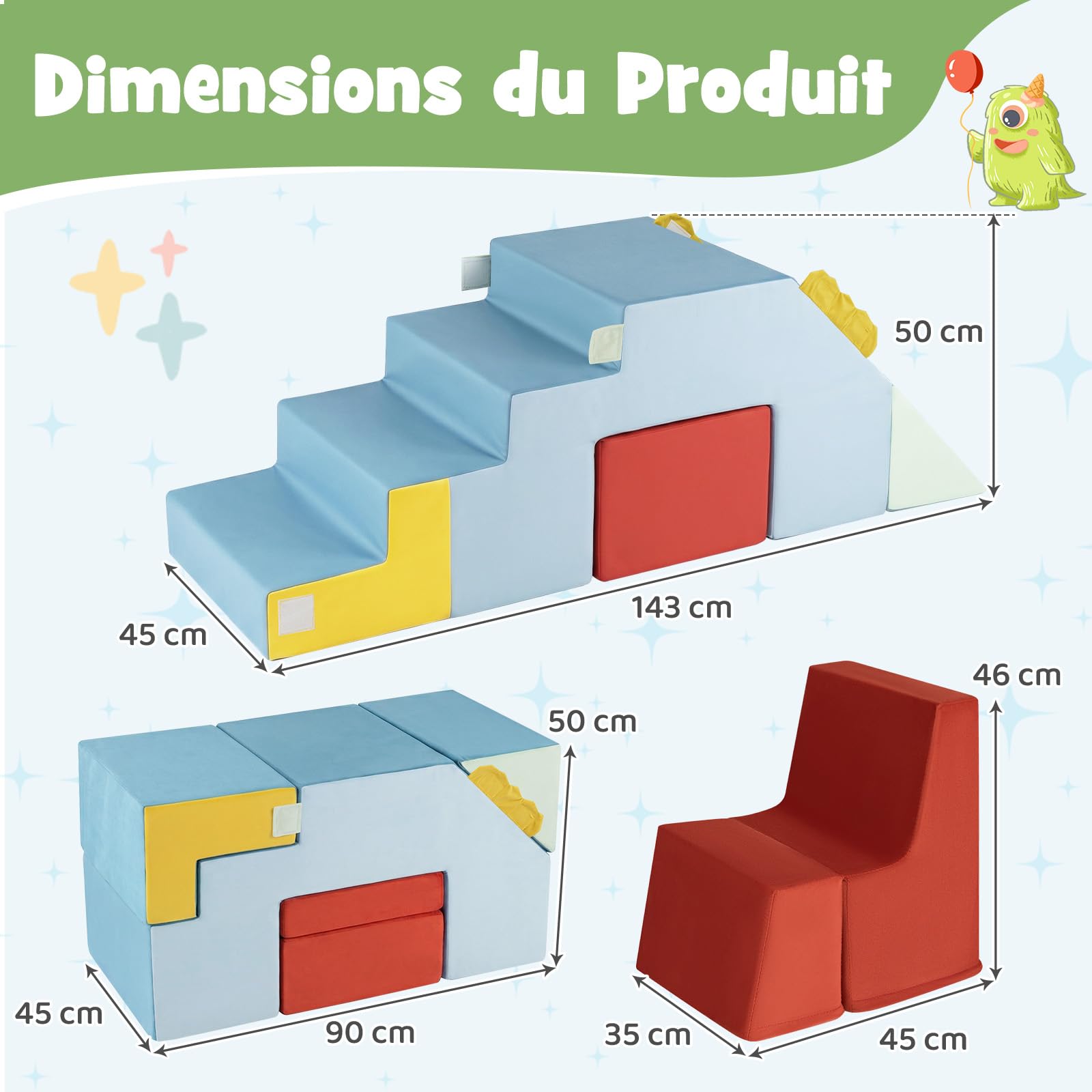 COSTWAY 3 en 1 Parcours Motricité Bébé en Mousse avec Toboggan et Échelle, Module Motricité Bébé avec Housse en Velours Lavable, Jouets Éducatifs Montessori pour Ramper Grimper pour 12 Mois+